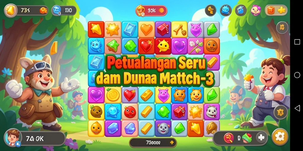 Screenshot 73K menunjukkan gameplay penuh warna dalam Match-3.