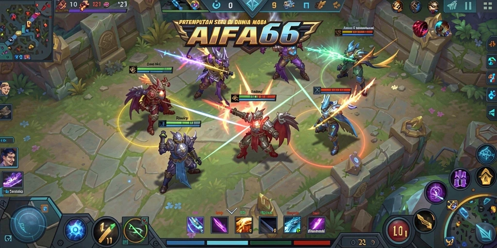 Screenshot gameplay AIFA66 menunjukkan pertarungan seru di arena MOBA.