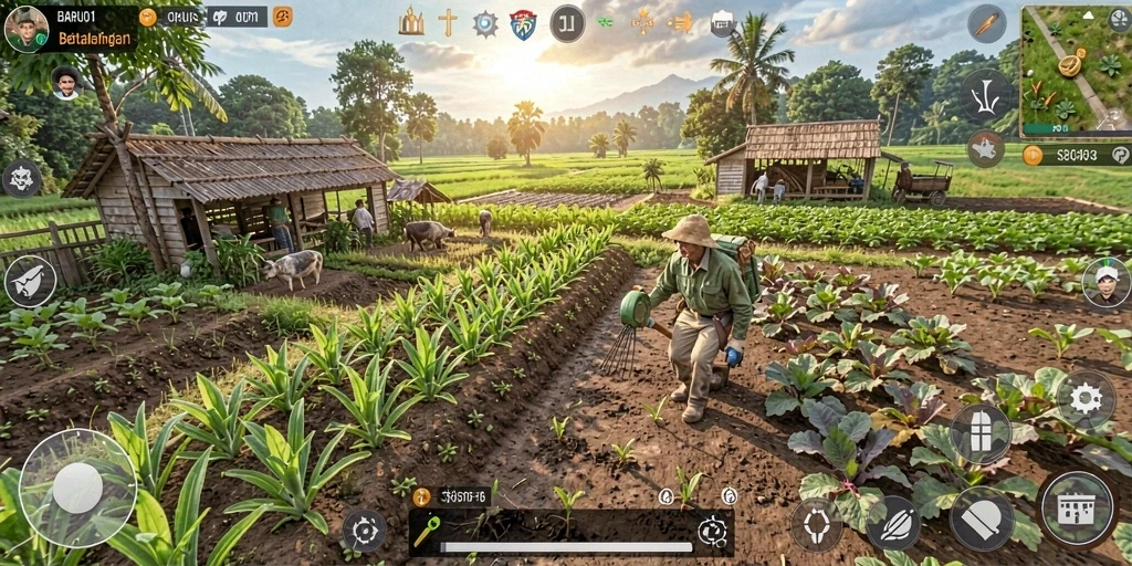 Tampilan gameplay BARU01 yang menggambarkan aktivitas pertanian yang menyenangkan.