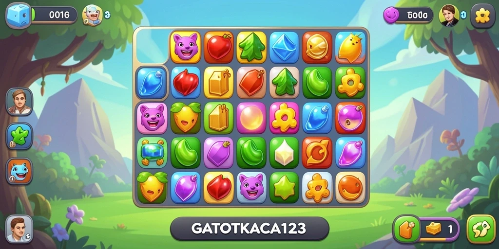 Screenshot gameplay GATOTKACA123 dengan tampilan objek Match-3 yang berwarna-warni.
