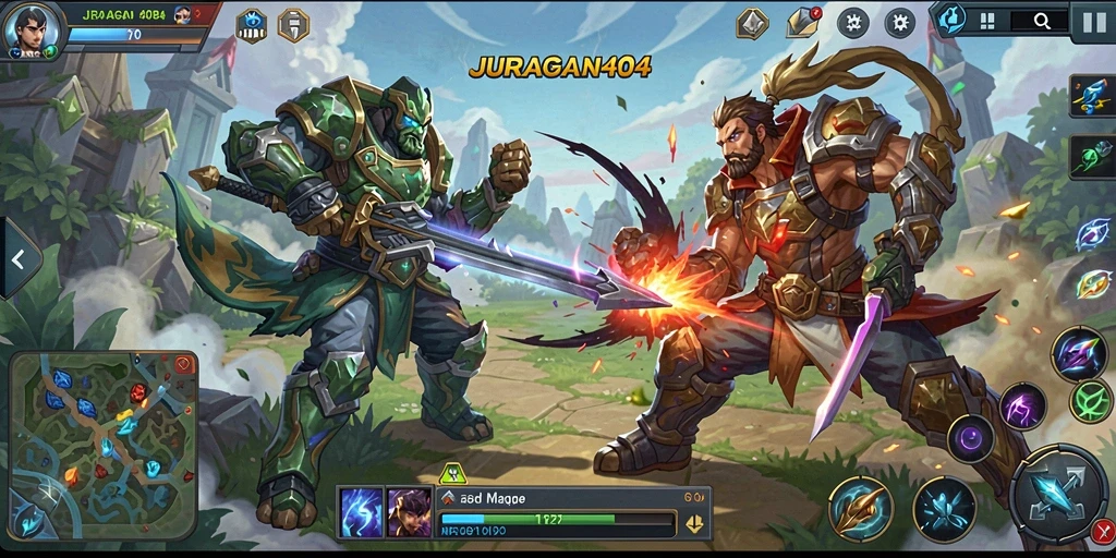 Tangkapan layar gameplay seru JURAGAN404 menunjukkan aksi pertarungan tim.