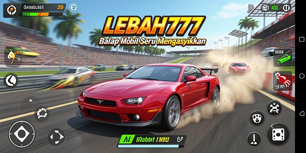 Tampilan gameplay seru LEBAH777 saat balapan di lintasan menantang.
