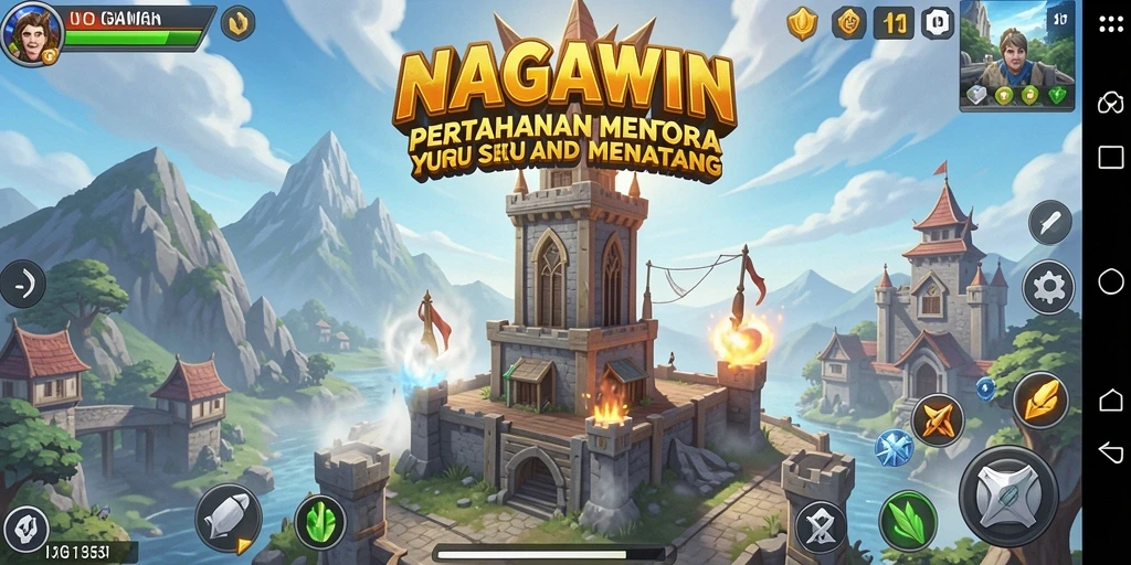 Tampilan gameplay NAGAWIN dengan menara yang kokoh dan musuh yang menyerang.