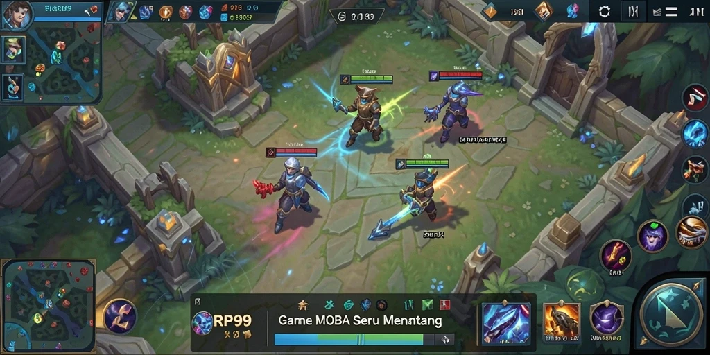Tampilan interaktif gameplay MOBA RP99 di arena pertempuran.
