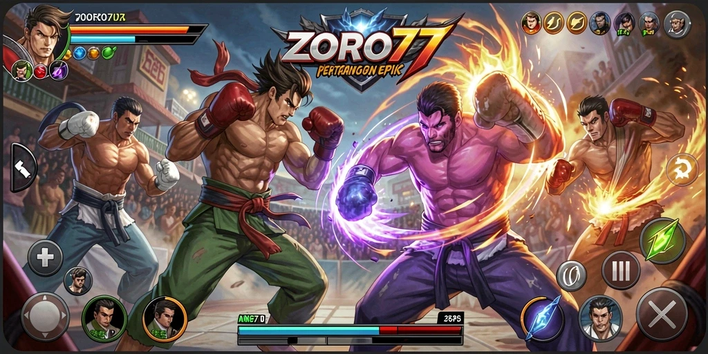 Screenshot utama menunjukkan pertarungan intens di <strong>ZORO77</strong> dengan karakter yang menampilkan kemampuan unik.